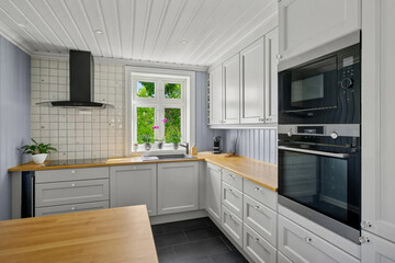 Modern luxury kitchen interior in minimal scandinavian style, 3d render
