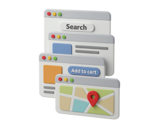 Three stylized computer browser windows showing a search bar an add to cart button and a map with a location pin isolated on transparent background