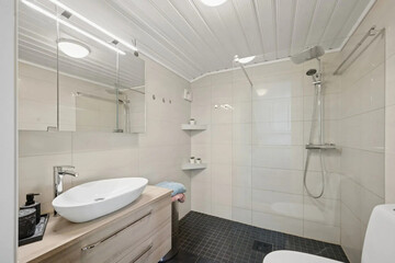 Modern bathroom interior in minimal scandinavian style, 3d render