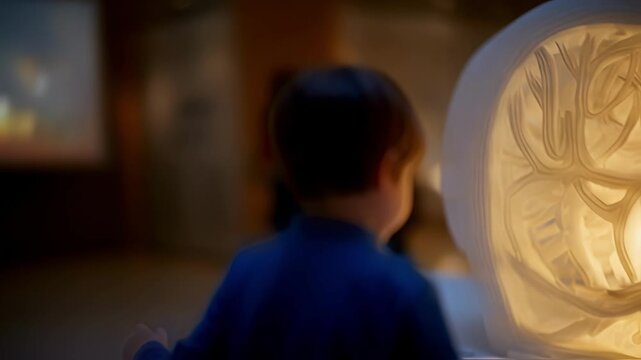 Child reaching toward a glowing stomach section inside a large playhouse body model capturing the spirit of 150 years of healthcare achievements with background teachers and