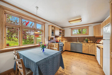 Modern luxury kitchen interior in minimal scandinavian style, 3d render
