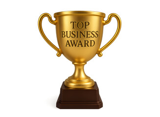 Golden trophy with the inscription top business award representing achievement and recognition in the corporate world isolated on transparent background