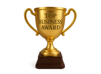 Golden trophy with the inscription top business award representing achievement and recognition in the corporate world isolated on transparent background