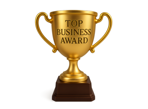 Golden trophy with the inscription top business award representing achievement and recognition in the corporate world isolated on transparent background