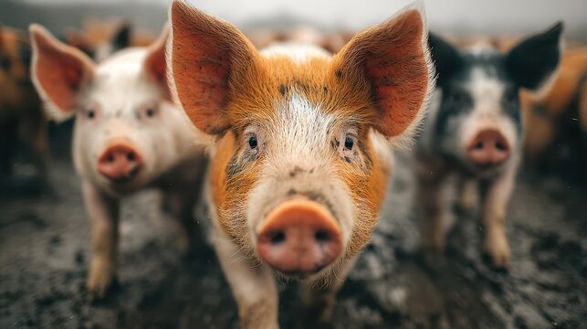 Curious pigs exploring a muddy farm during a cloudy autumn afternoon in rural countryside - Powered by Adobe