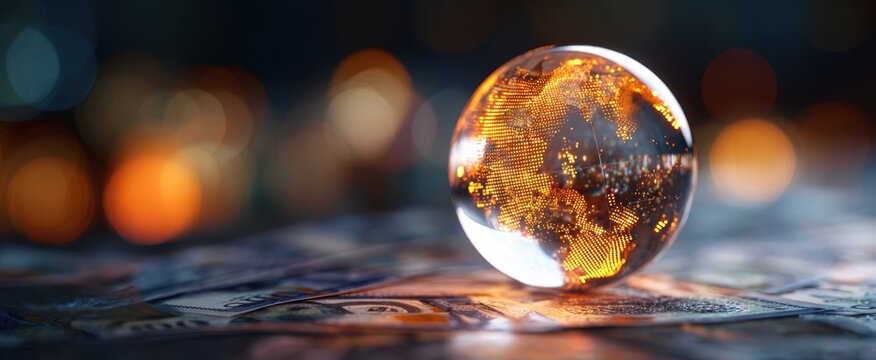 The glass globe on banknotes representing global finance and digital connectivity at night
