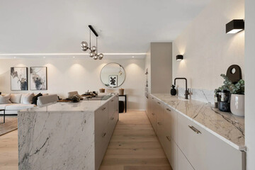 Modern luxury kitchen interior in minimal scandinavian style, 3d render
