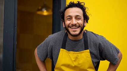 Smiling man standing confidently, vibrant yellow background adds energy, casual outfit suggests approachable vibe, perfect for small business themes or Labor Day promotions