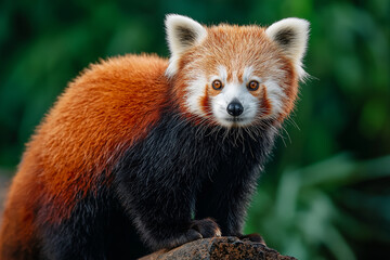 Fototapeta premium A red panda is standing on the edge of a tree trunk, looking at the camera with its mouth close, against a green background, 