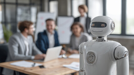 Robotic Assistant Joins Business Meeting. friendly humanoid robot stands at head of conference table while diverse team of professionals works in the background, AI integration in workplace