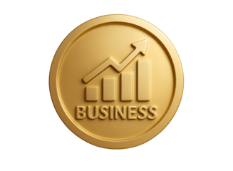 Golden coin with embossed rising bar graph and the word business symbolizing financial growth and economic success isolated on transparent background