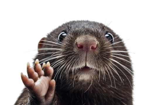 Curious brown rodent with whiskers waving paw against black background.