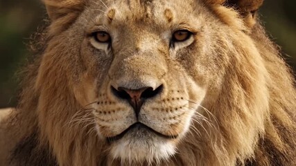 Majestic shot of a young male lion in the golden light, its calm amber eyes gazing intently