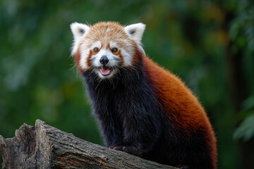 Obraz premium A red panda is standing on the edge of a tree trunk, looking at the camera with its mouth close, against a green background, 