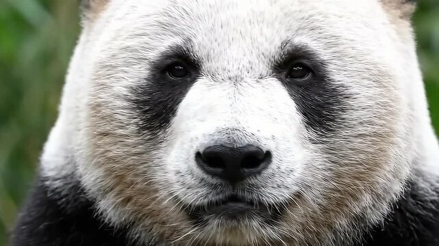 Gentle close-up portrait of a giant panda, with a thoughtful expression in its eyes and white fur