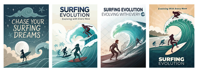 Four vibrant surfing-themed posters showcasing different styles and waves, emphasizing the thrill of surfing.