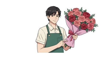 Charming anime-style illustration of a handsome male florist presenting a vibrant bouquet of red and pink roses for a special gift