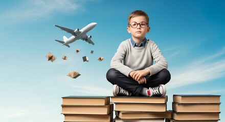 Envisioning future adventures young student sits atop books with airplane and flying books against serene sky education and travel concepts back to school