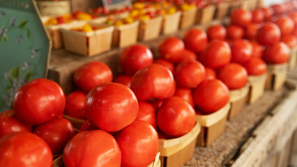 Fresh red tomatoes at the farmers market, healthy farm products for cooking.