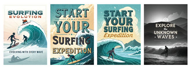 A vibrant collection of surfing-themed illustrations showcasing the spirit of adventure and ocean exploration.