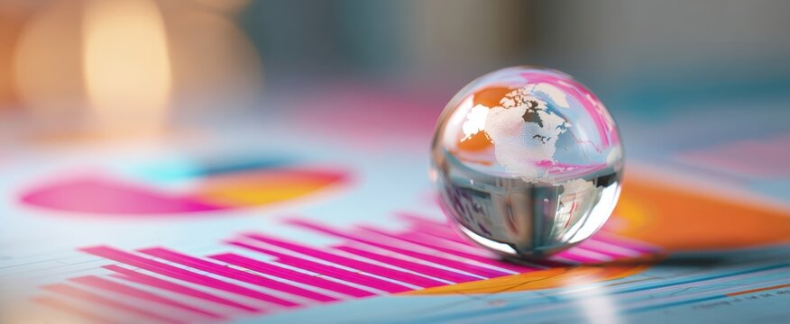 The glass globe resting on colorful financial charts reflecting global analytics and data trends