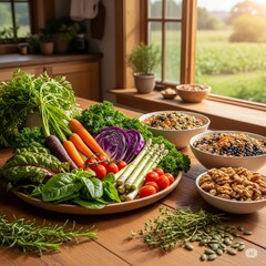Fresh vegetables, legumes, and nuts creating a colorful and healthy display in rustic kitchen