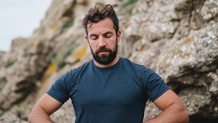 A man in a contemplative pose, standing against a rugged cliffside, exuding a sense of tranquility and focus, evoking themes of nature and mindfulness