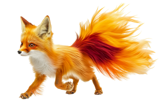 A vibrant, animated fox with a fiery orange and red tail, showcasing a lively expression.