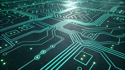 Futuristic circuit board with glowing green lights perfect for technology innovation concepts and data processing themes