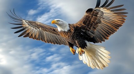 Obraz premium Majestic bald eagle soaring through a vibrant sky.