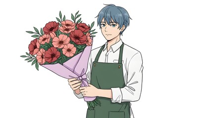 A Smiling Florist Holding a Bouquet of Flowers, Ready for Delivery or Gifting Art