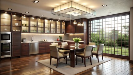 Fototapeta premium Photo of modern kitchen and dining room with large windows