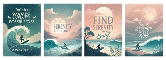 A serene surfing scene with a silhouette of a surfer riding a wave at sunset.