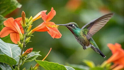 Fototapeta premium A vibrant hummingbird with iridescent green plumage hovers in mid air its long beak reaching into a bright orange trumpet flower to feed on nectar