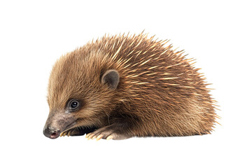 Fototapeta premium A close-up of a cute, brown hedgehog with soft quills, showcasing its unique features and small, round face.