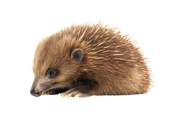 A close-up of a cute, brown hedgehog with soft quills, showcasing its unique features and small, round face.