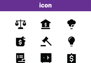 Black finance and law icons on white background money
