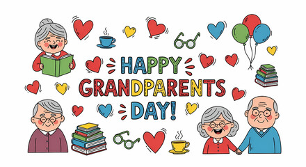 Celebrate Happy Grandparents Day with heartwarming cartoon of grandma and grandpa surrounded by love