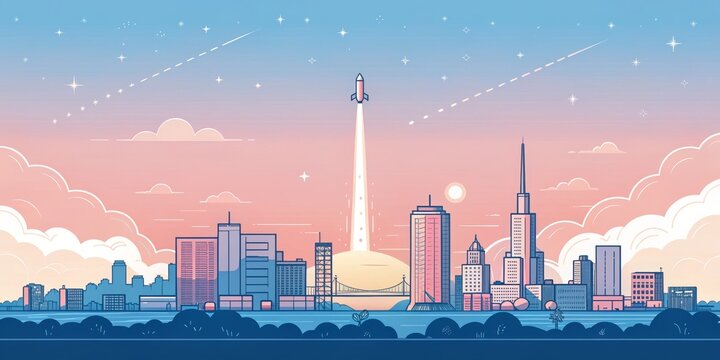 Rocket Launching Over Pastel Cityscape, space , startup