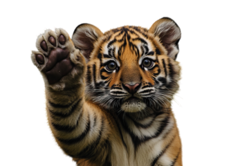 Adorable tiger cub raising its paw, showcasing its curiosity and playful spirit.