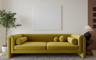 Mockup frame in a stylish contemporary living room with a comfortable green sofa, 3d render