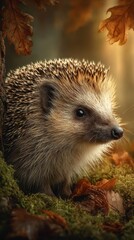 Hedgehog exploring a forest floor covered in autumn leaves during the golden hour of late afternoon