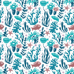 Naklejka premium Silhouettes of sea inhabitants and algae with bubbles under water in simple style. Undersea pattern with fish, starfishes, algae and coral. Vector seamless pattern for fabric, textile, wallpaper.