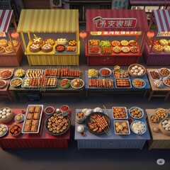 Asian street food stalls offering delicious dishes at night market