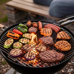 Chef grilling assorted meat and vegetables on barbecue grill for summer party