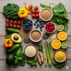 Fresh organic vegetables, fruits and grains promoting healthy eating habits