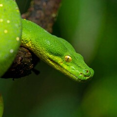 Fototapeta premium Close-up of a vibrant green snake on a branch