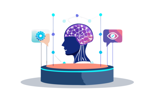 Futuristic digital brain hologram displayed on a platform with glowing nodes and data streams