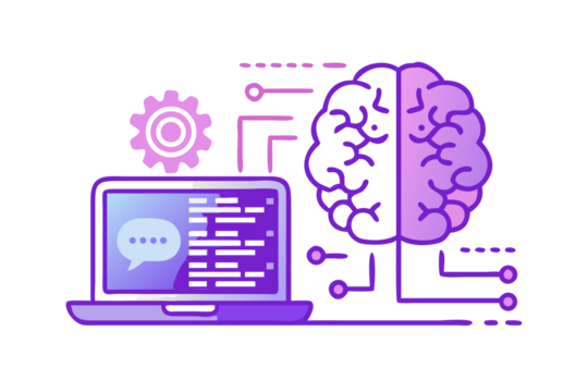 Artificial intelligence concept with a glowing brain and laptop displaying code