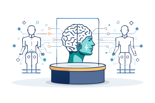 Futuristic holographic projection of a human head with brain activity displayed